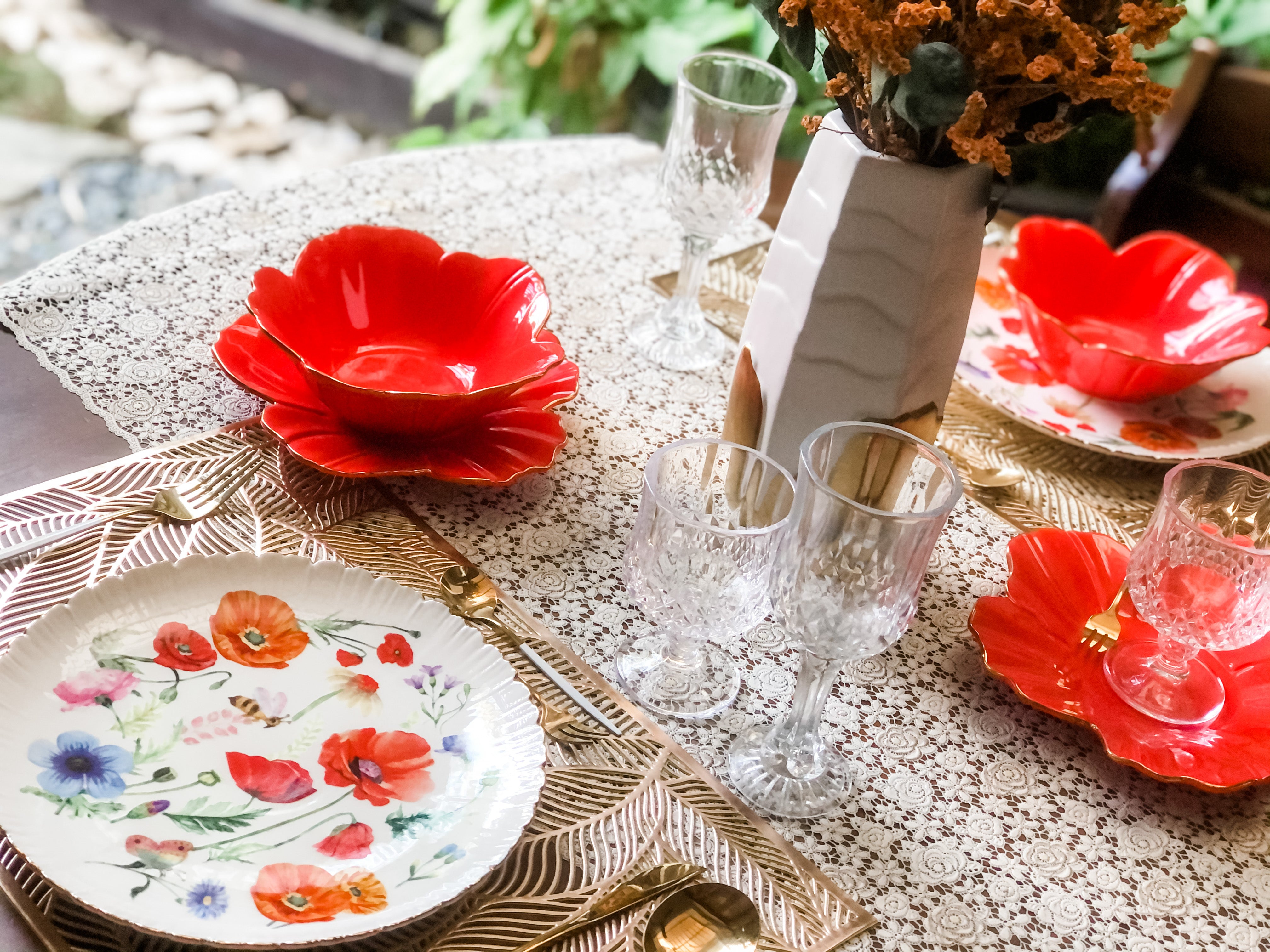 Crimson Flower Plate and Bowl Set