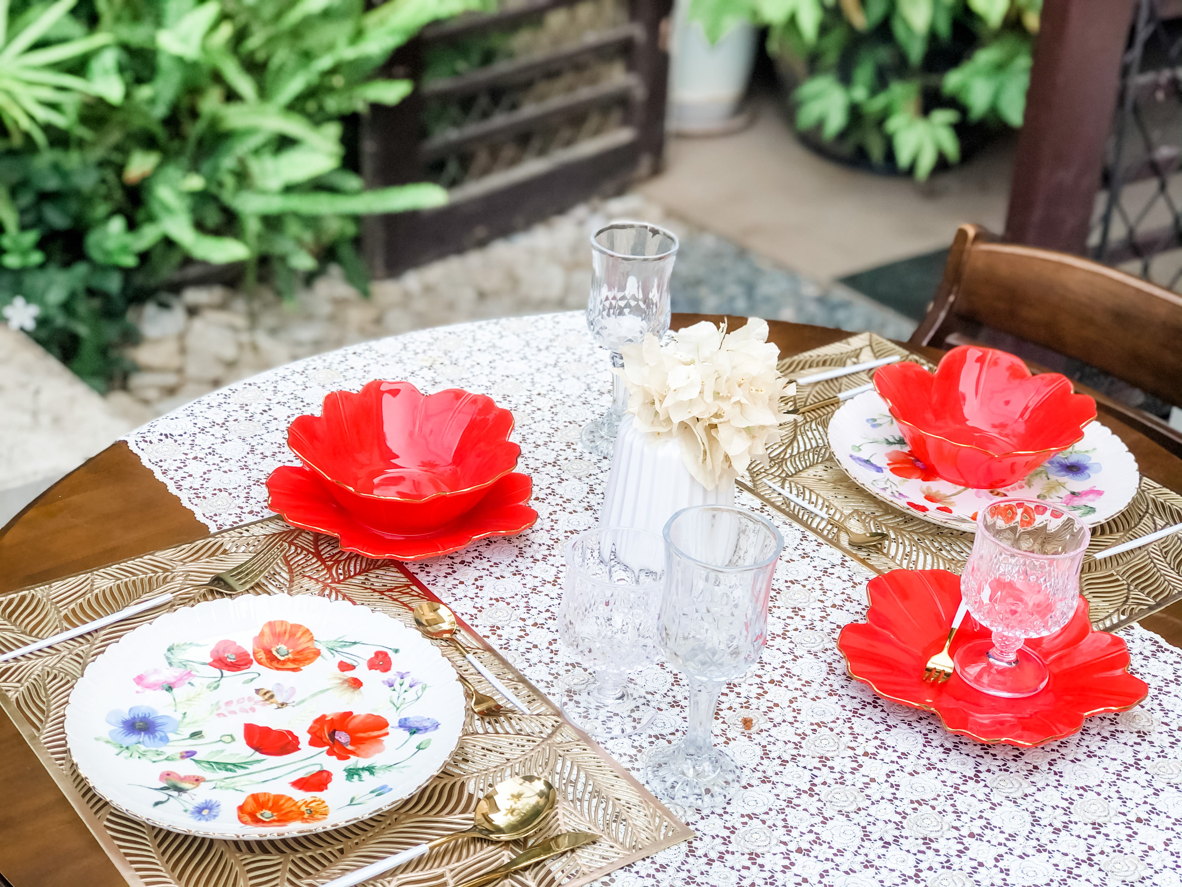 Crimson Flower Plate and Bowl Set