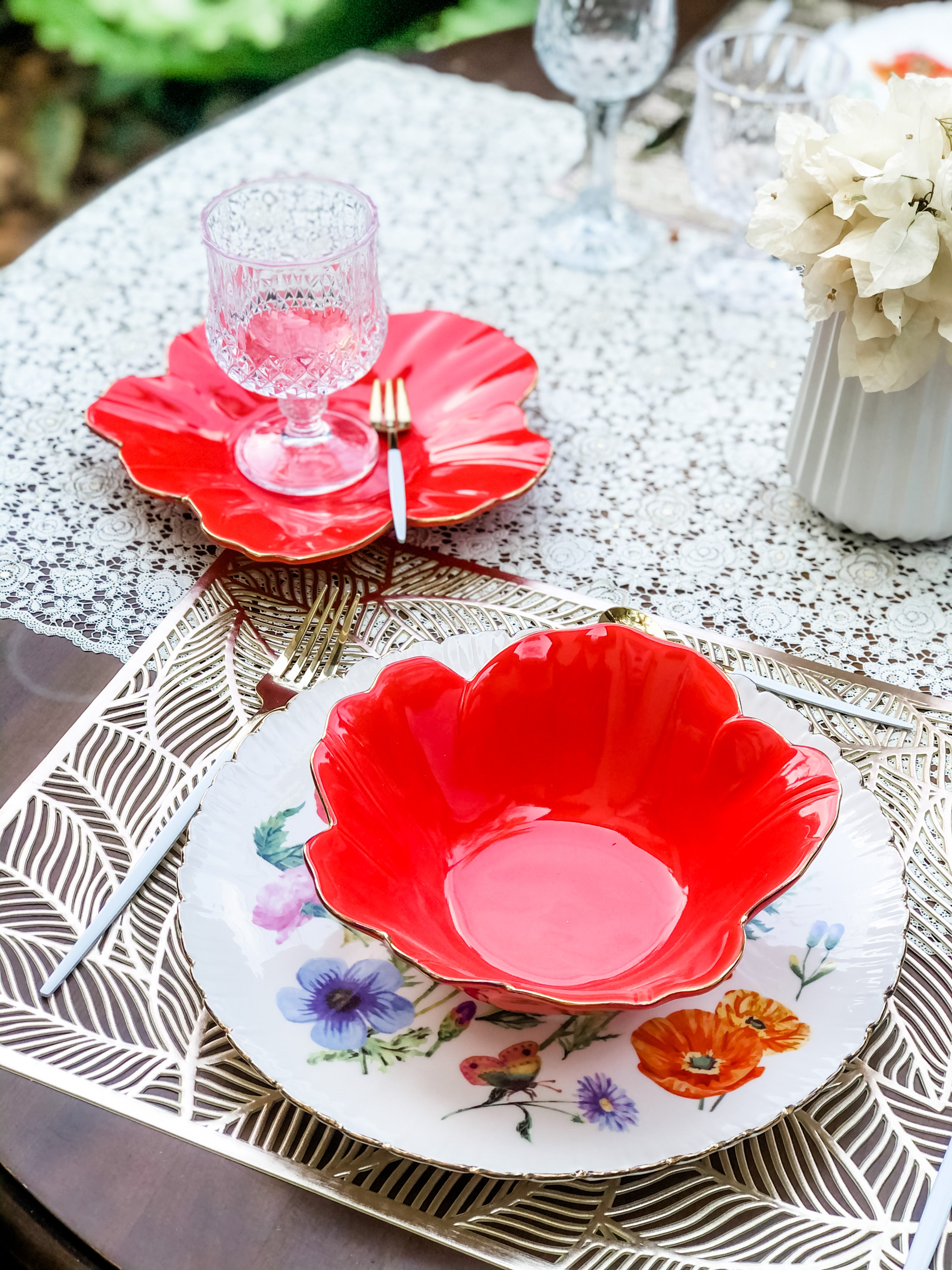 Crimson Flower Plate and Bowl Set